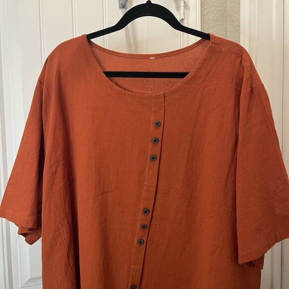 Womens Burnt Orange Short Sleeve Faux Button Lagenlook Oversized Top Size 3X/4X - Picture 2 of 10